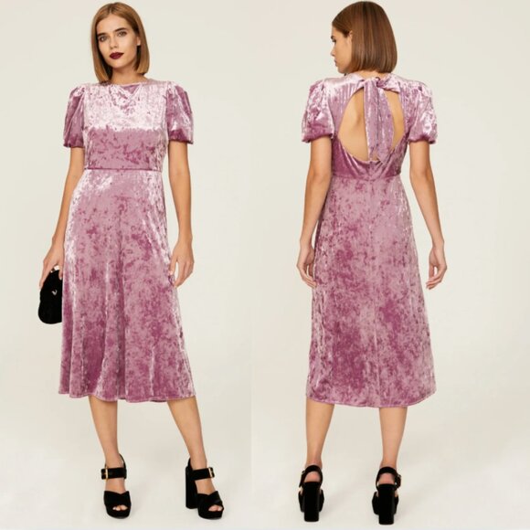 NEW Puff Sleeve Velvet Midi Dress Romantic Princess Flare pink Donna Morgan 6 - Picture 1 of 10